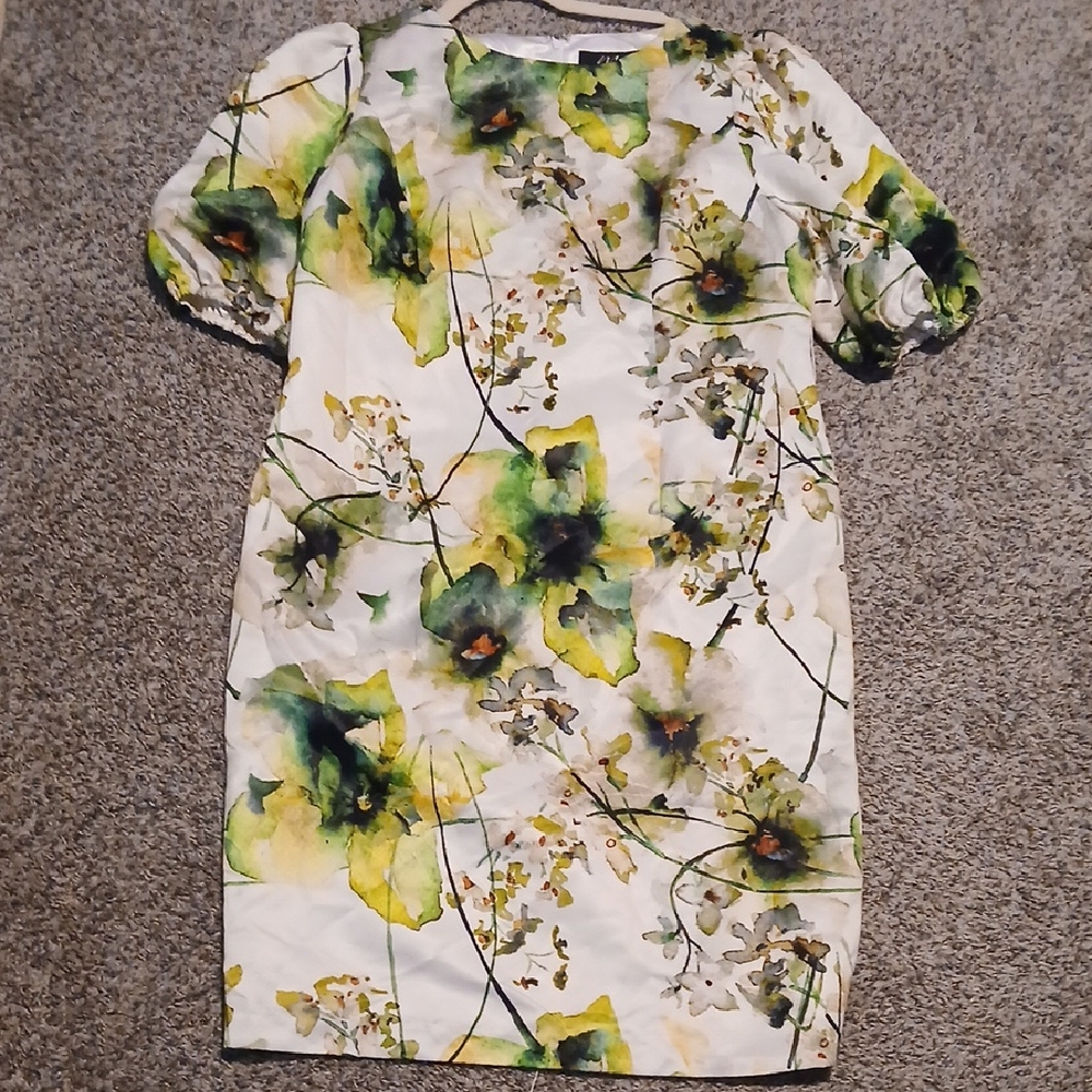 Midnight Velvet White Floral Evening Ballon Sleeves Satin Dress